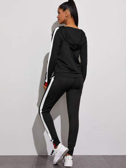 Contrast Panel Zip Up Hoodie and Drawstring Joggers