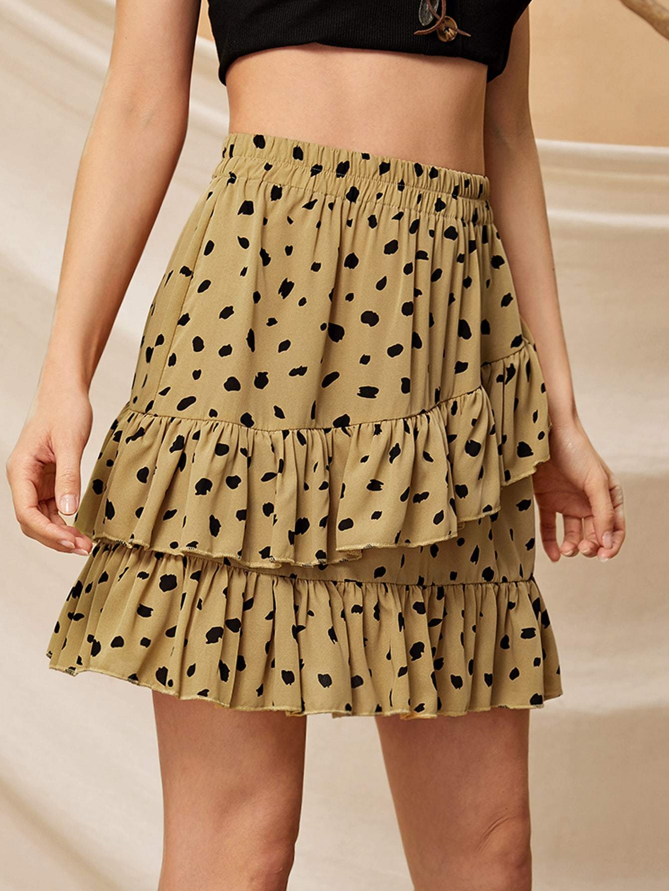 Yellow High Waist Dalmatian Print Ruffle Hem Skirt