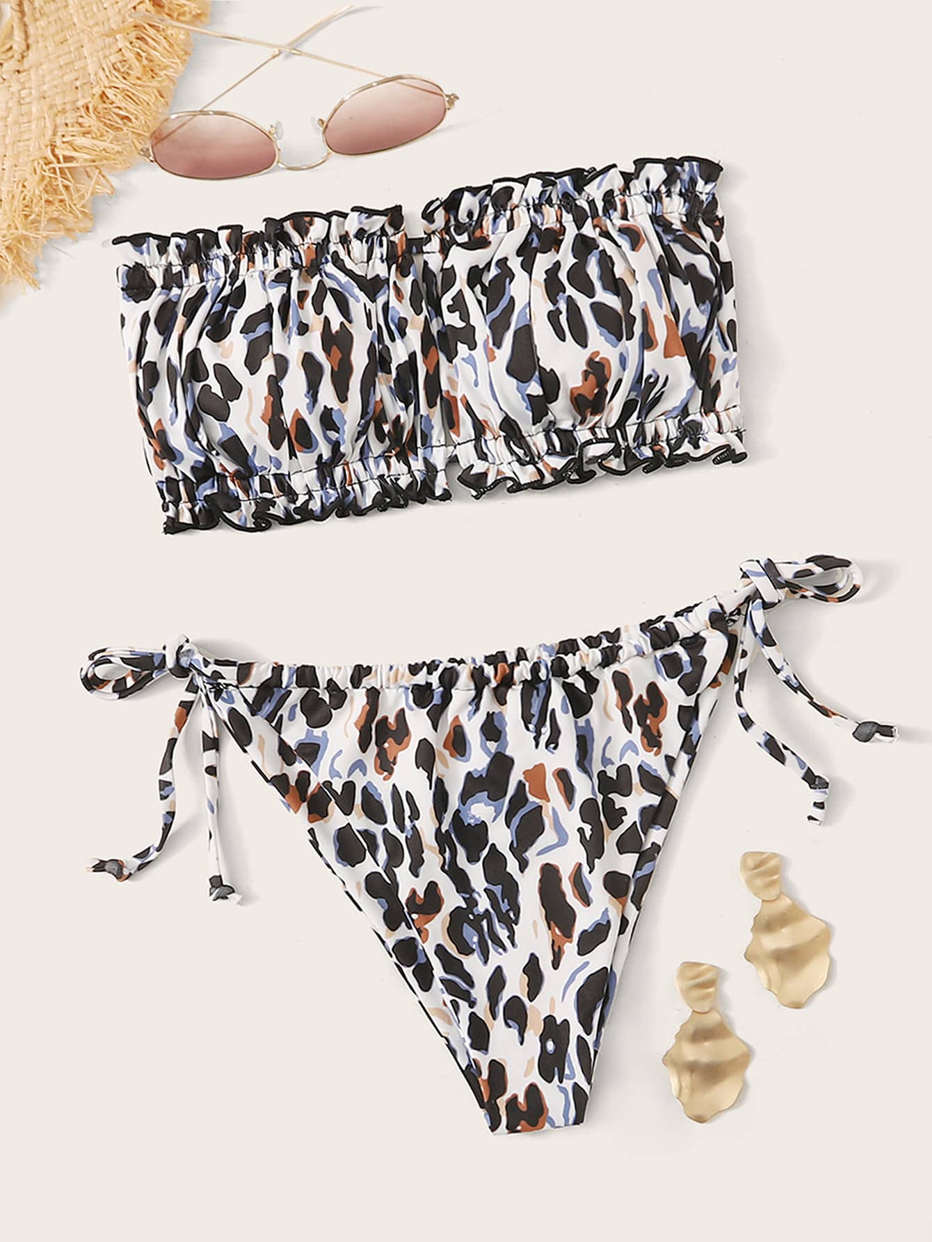 Leopard Frill Trim Bandeau Tie Side Tanga Bikini Swimwear