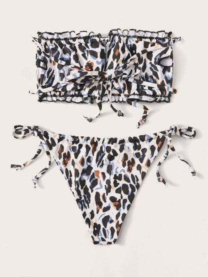 Leopard Frill Trim Bandeau Tie Side Tanga Bikini Swimwear