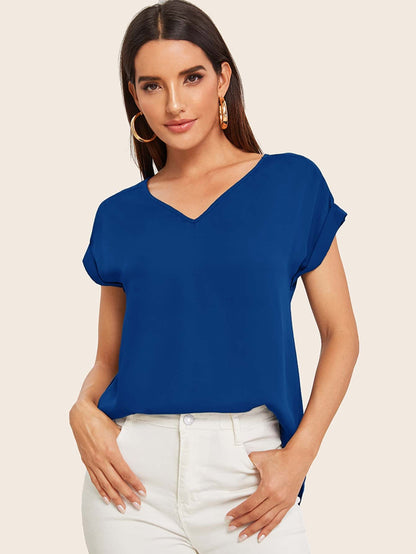 Round Neck Roll Up Sleeve High Low Hem Top