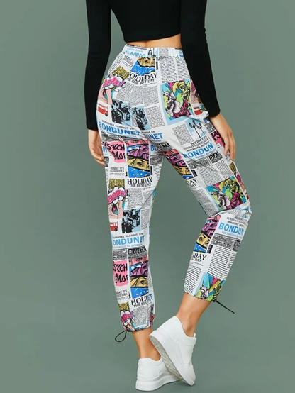 Elastic Mid Tie Waist Drawstring Hem Allover Print Pants
