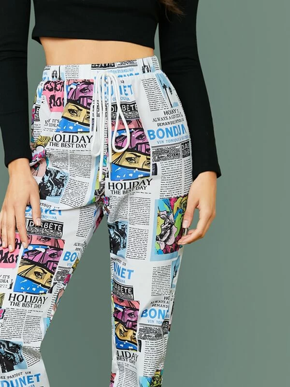Elastic Mid Tie Waist Drawstring Hem Allover Print Pants