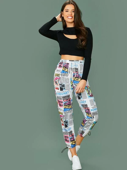Elastic Mid Tie Waist Drawstring Hem Allover Print Pants