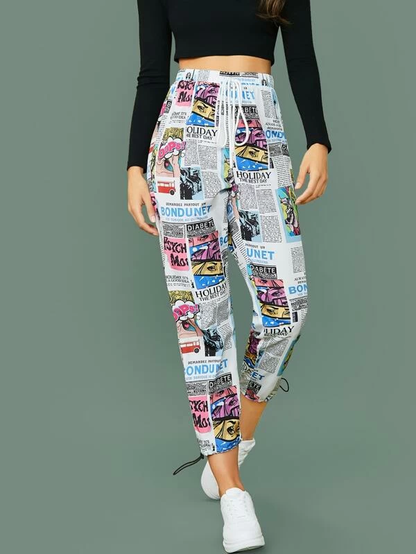 Elastic Mid Tie Waist Drawstring Hem Allover Print Pants