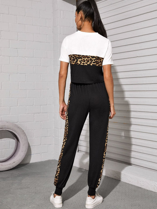 Round Neck Colourblock Leopard Panel Top and Joggers Set