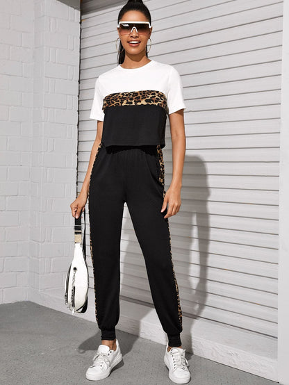 Round Neck Colourblock Leopard Panel Top and Joggers Set