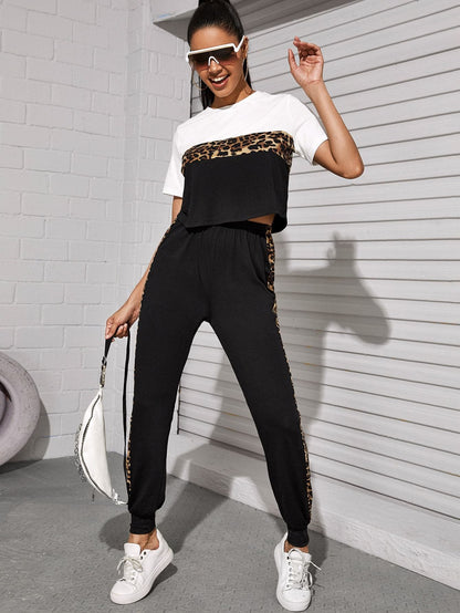 Round Neck Colourblock Leopard Panel Top and Joggers Set