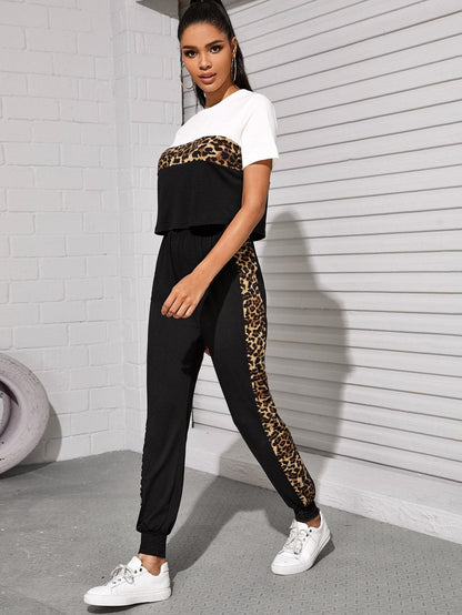 Round Neck Colourblock Leopard Panel Top and Joggers Set