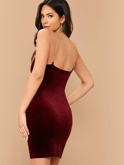 Burgundy Sleeveless Rhinestone Strap Velvet Slim Fit Dress