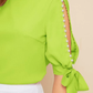 Round Neck Neon Lime Pearl Beaded Split Sleeve Knot Cuff Top - Pastel Green