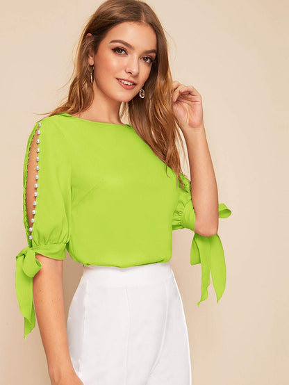 Round Neck Neon Lime Pearl Beaded Split Sleeve Knot Cuff Top - Pastel Green