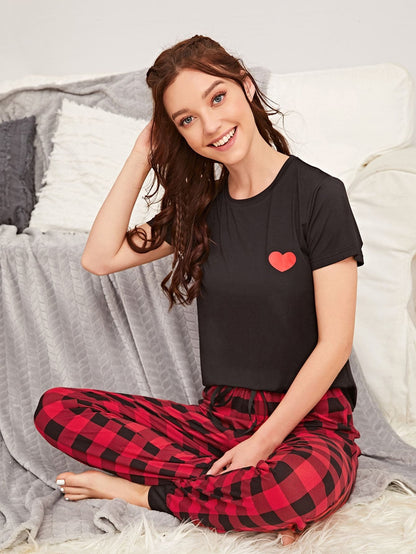 Buffalo Plaid and Heart Print Pyjama Sleepwear Set