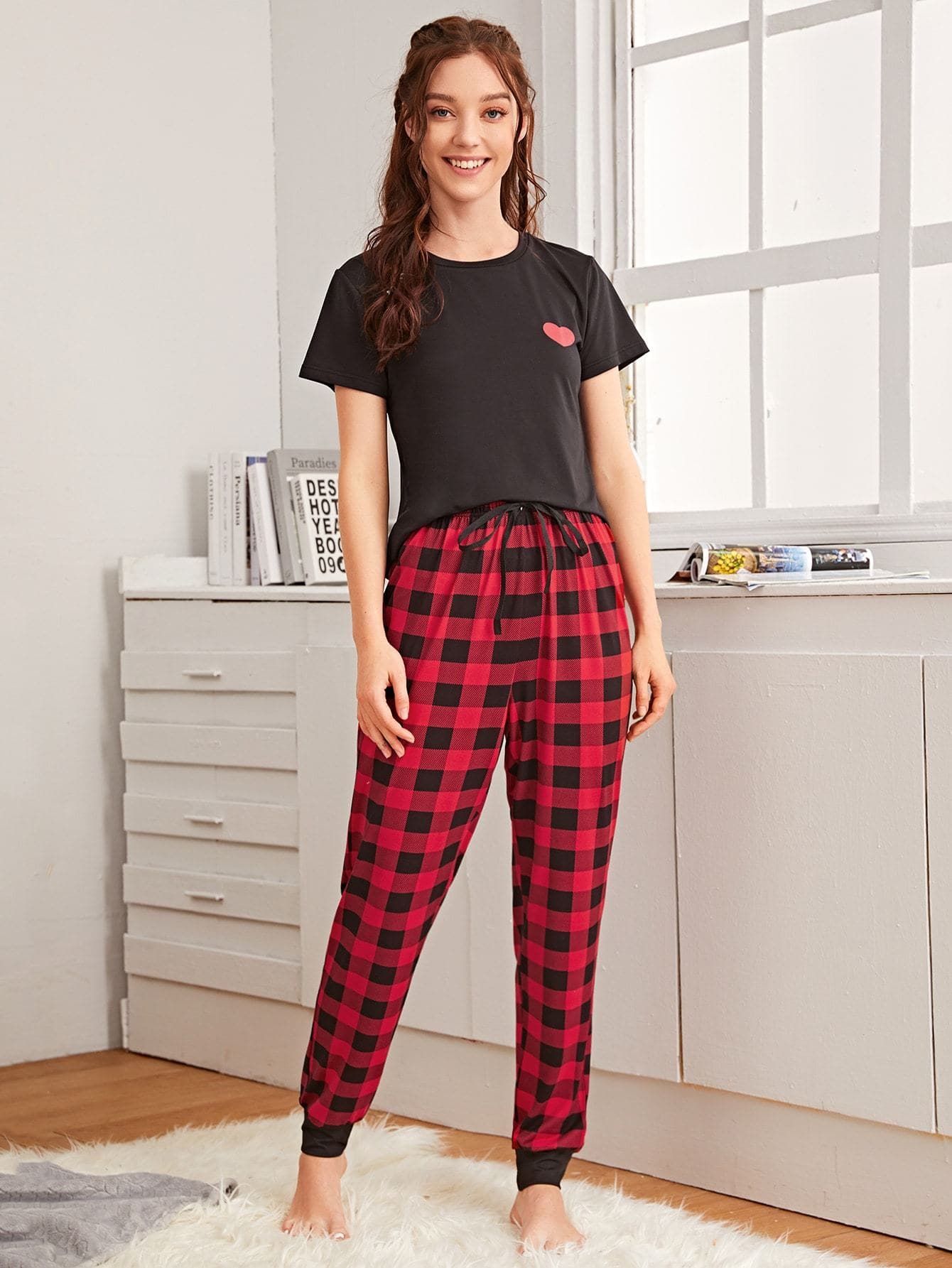 Buffalo Plaid and Heart Print Pyjama Sleepwear Set