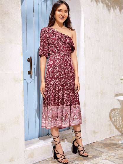 Burgundy One Shoulder Flippy Hem Floral Dress