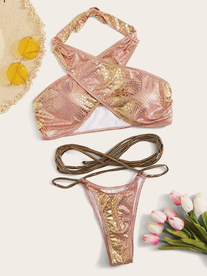 Crocodile Metallic Criss Cross Halter Neck Bikini Swimwear