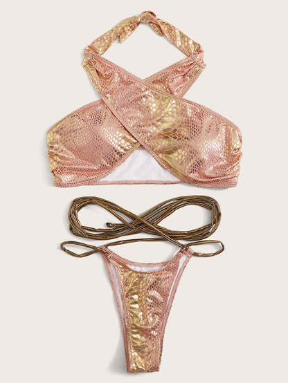 Crocodile Metallic Criss Cross Halter Neck Bikini Swimwear