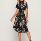 High Waist Notch Neck Curved Hem Belted Floral Dress