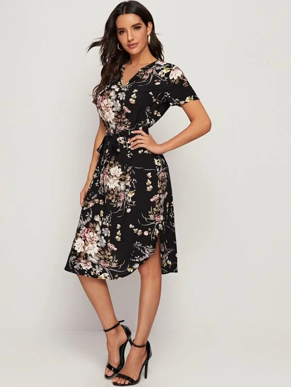 High Waist Notch Neck Curved Hem Belted Floral Dress