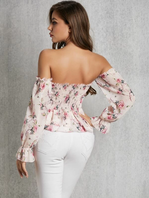 Off the shoulder shirred peplum blouse outlet