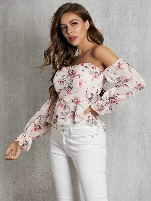 Slim Fit Off Shoulder Shirred Floral Print Peplum Top