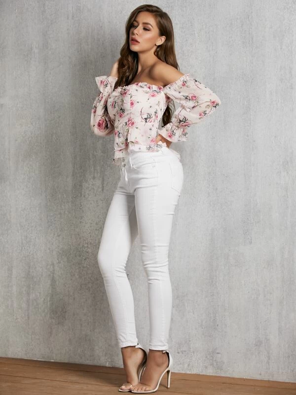 Slim Fit Off Shoulder Shirred Floral Print Peplum Top