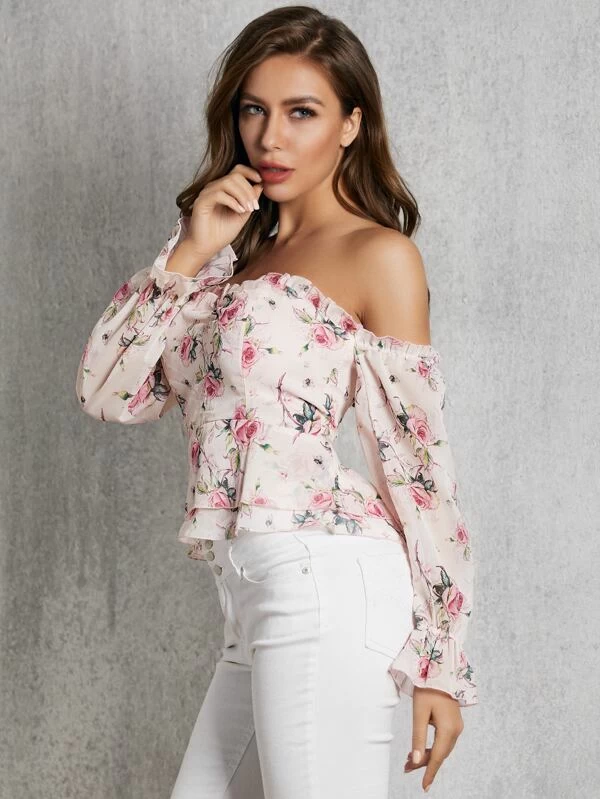 Slim Fit Off Shoulder Shirred Floral Print Peplum Top