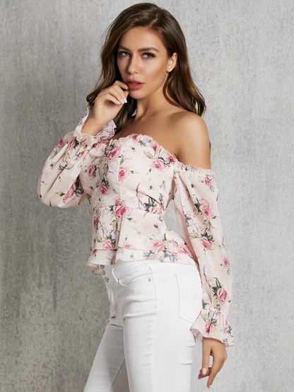 Slim Fit Off Shoulder Shirred Floral Print Peplum Top