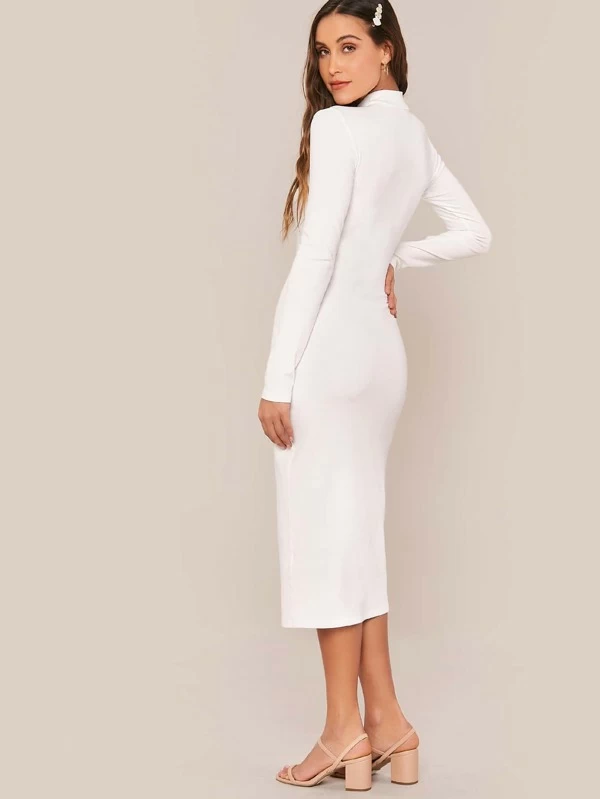 Stand Collar Slim Fit Mock-neck Solid Pencil Dress