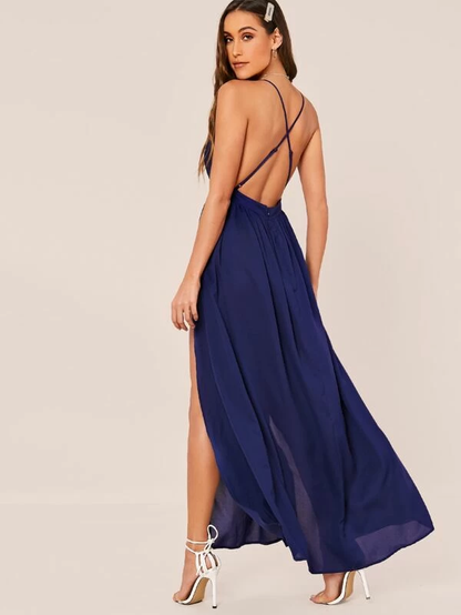 Sleeveless Crisscross Open Back High Split Halter Dress