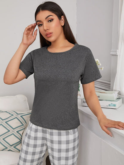 Round Neck Buffalo Plaid Short Sleeve Pyjama Sleepwear Set