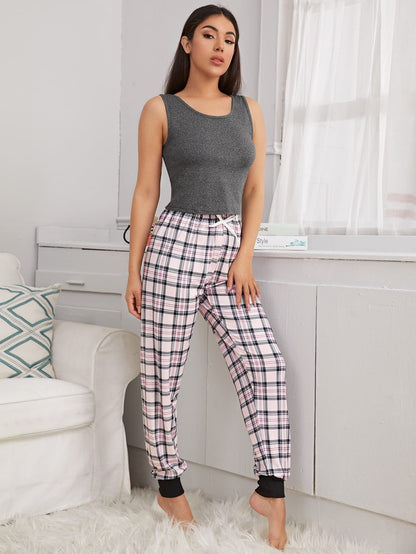 Round Neck Solid Tank Sleeveless Top and Plaid Joggers Pyjama Sleepwear Set