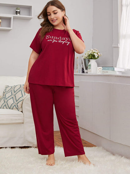 Plus Size Round Neck Slogan Graphic Top & Pants Sleepwear