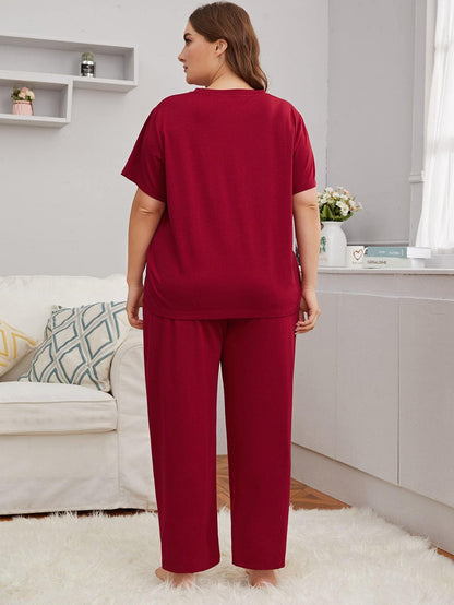 Plus Size Round Neck Slogan Graphic Top & Pants Sleepwear