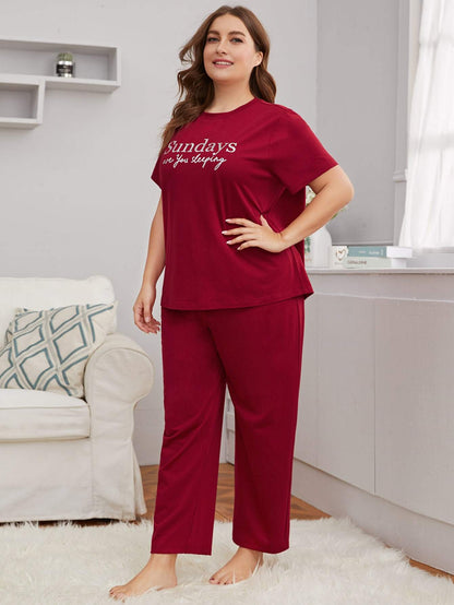 Plus Size Round Neck Slogan Graphic Top & Pants Sleepwear