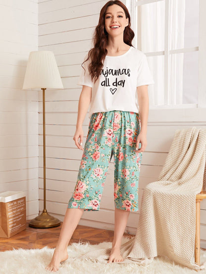 Round Neck Floral and Letter Graphic Pyjama Sleepwear Set