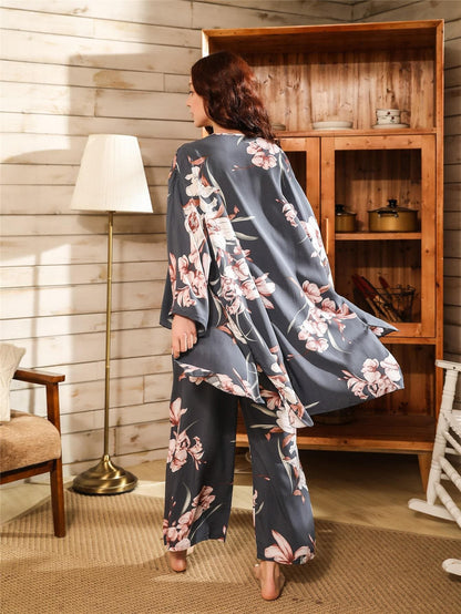 Spaghetti Strap 3pcs Floral Print Ruffle Hem Cami Pyjama Sleepwear Set and Robe