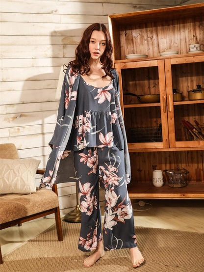 Spaghetti Strap 3pcs Floral Print Ruffle Hem Cami Pyjama Sleepwear Set and Robe