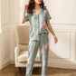 Blue Contrast Binding Tropical Print Pocket Front Pyjama Sleepwear Set