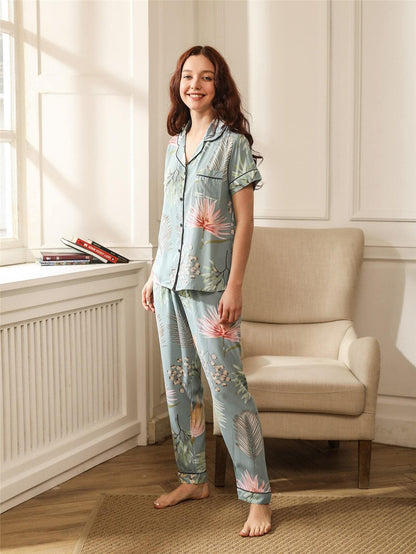 Blue Contrast Binding Tropical Print Pocket Front Sleepwear Set