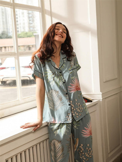 Blue Contrast Binding Tropical Print Pocket Front Sleepwear Set