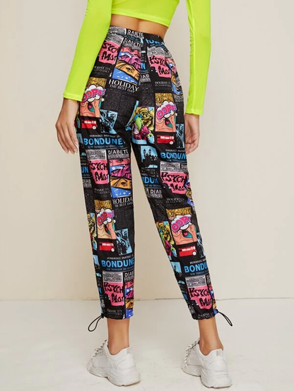 Elastic Mid Tie Waist Drawstring Hem Allover Print Pants