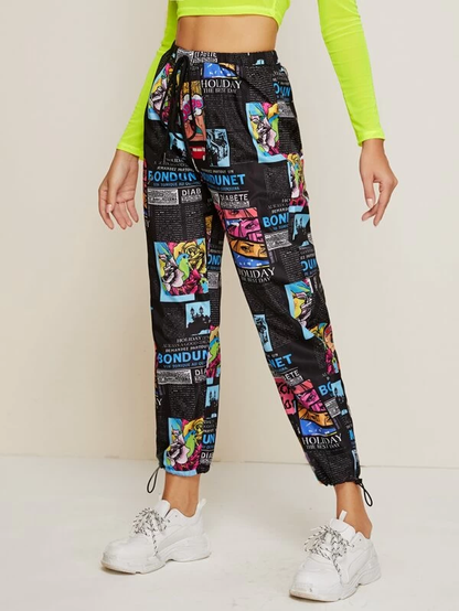 Elastic Mid Tie Waist Drawstring Hem Allover Print Pants