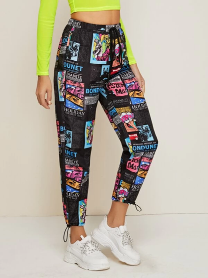 Elastic Mid Tie Waist Drawstring Hem Allover Print Pants