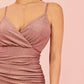 Pink Spaghetti Strap Surplice Neck Sleeveless Slim Fit Ruched Glitter Dress
