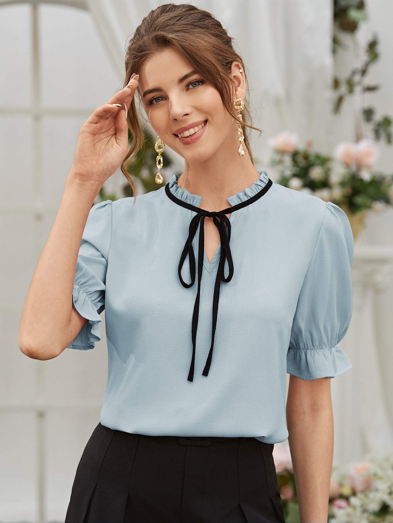 Tie Neck Flounce Sleeve Stand Collar Blouse Top