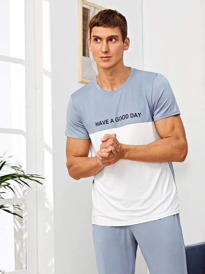 Round Neck Colorblock Slogan Graphic Sleepwear Set