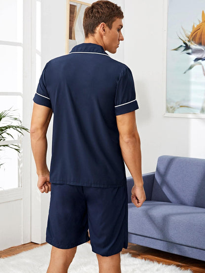 Navy Blue Contrast Piping Sleepwear Set