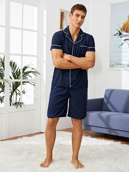 Navy Blue Contrast Piping Sleepwear Set