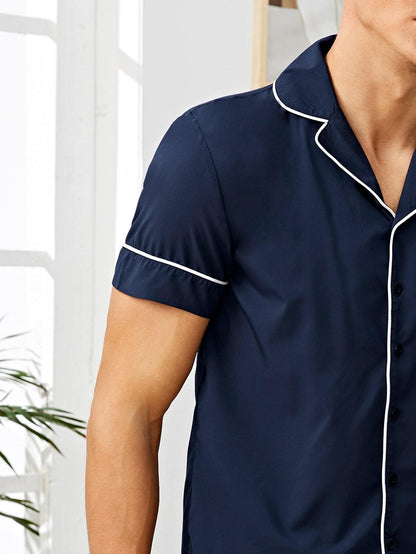 Navy Blue Contrast Piping Sleepwear Set